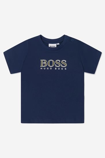 Baby Boys Cotton Jersey Logo Print T-Shirt in Navy