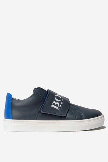 Boys Leather Logo Print Trainers in Navy