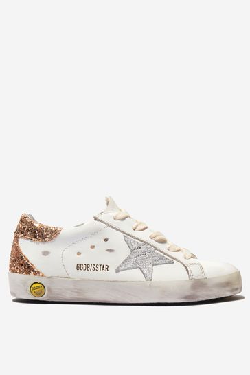 Kids Leather Suede Python Print Super-Star Trainers in White