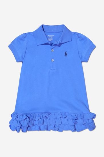 파란색의 아기 소녀 면 주름 폴로 드레스