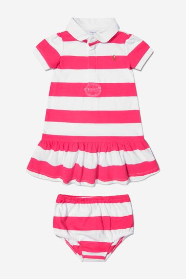 Baby Girls Cotton Rugby Stripe Dress With Knickers in Fuchsia