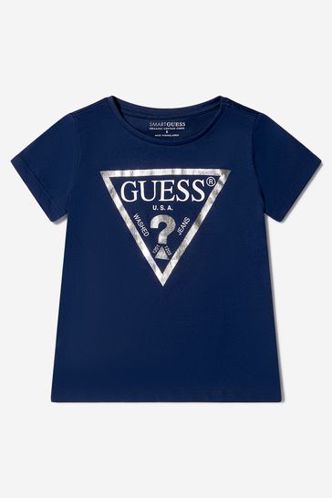 Girls Cotton Logo Print T-Shirt in Blue