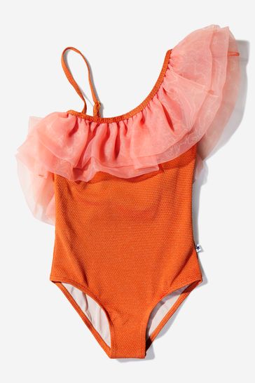 오렌지색의 소녀 재활용 폴리 에스테르 수영복