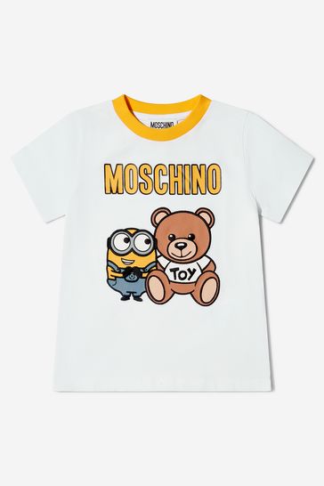 Unisex Cotton Minion And Teddy Toy T-Shirt in White