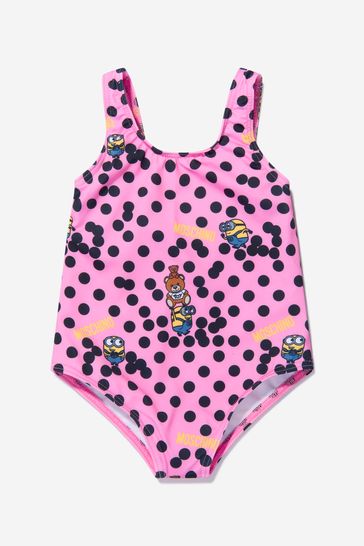 Baby Girls Polka Dot Teddy Toy And Minion Swimsuit in Pink