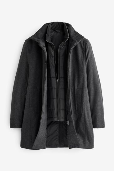 Charcoal Grey Signature Italian Wool Rich Funnel Neck Coat With Removable Gilet