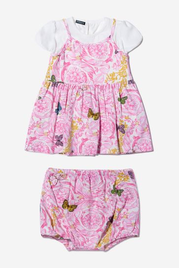 Baby Girls Cotton Butterfly Barocco Dress With Knickers in Pink