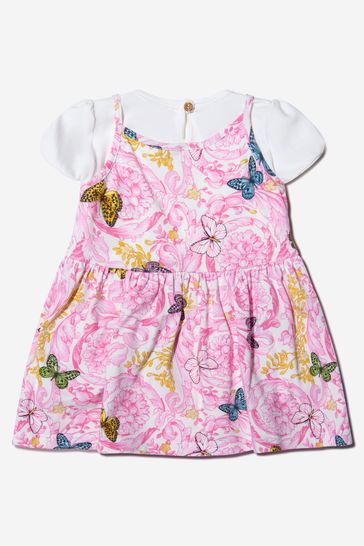 Baby Girls Cotton Butterfly Barocco Dress With Knickers in Pink