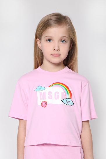 Girls Cotton Jersey Logo Print Cropped T-Shirt in Pink