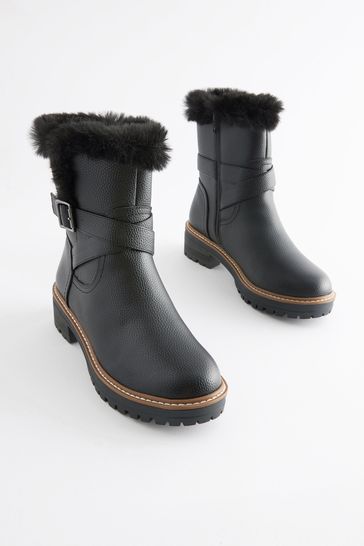 Black Extra Wide Fit Forever Comfort Faux Fur Lined Buckle Detail Boots