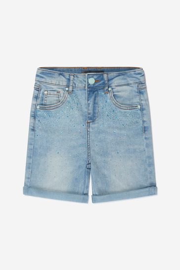 Girls Cotton Denim Shorts With Diamantés in Blue