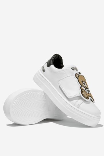 Unisex Leather Teddy Bear Strap Trainers in White