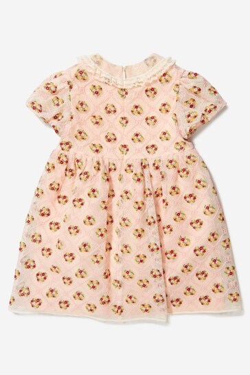 Baby Girls Embroidered Flower Heart Short Sleeve Dress in Pink