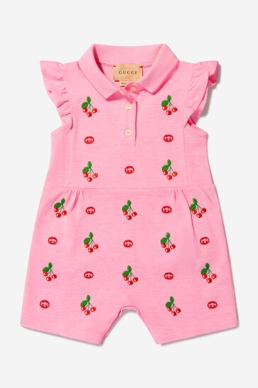 Baby Girls Cotton Cherry Embroidered Romper in Pink