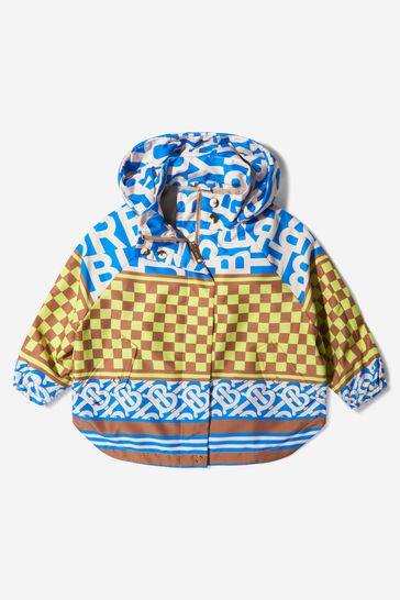Girls Monogram Patterned Hooded Jacket in Yellow & Blue
