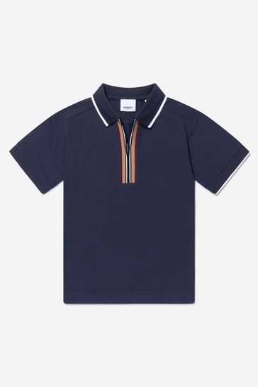 Boys Cotton Icon Stripe Front Zip Polo Shirt in Blue