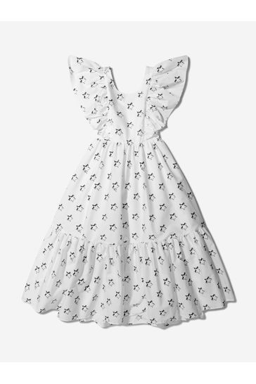 Girls Cotton Star Print Dress in White