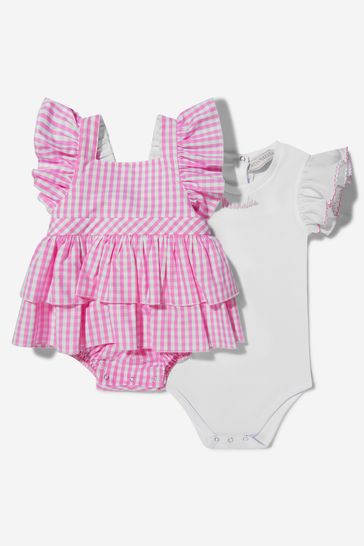 Baby Girls Cotton Gingham Romper in Pink/White