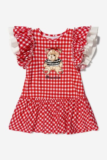 Monnalisa Girls Red Cotton Gingham Teddy Bear Dress