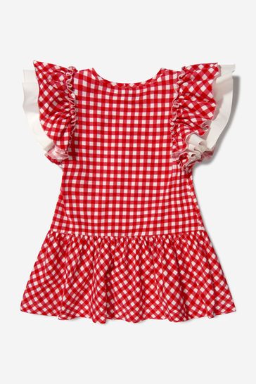 Monnalisa Girls Red Cotton Gingham Teddy Bear Dress