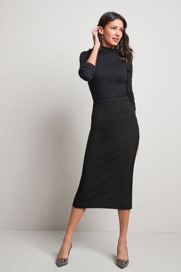 Black Tailored Midi Pencil Skirt