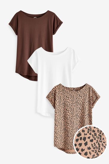 White/Brown/Animal Cap Sleeve T-Shirts 3 Pack