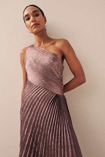 Pink One Shoulder Metallic Pleated Midi Dress