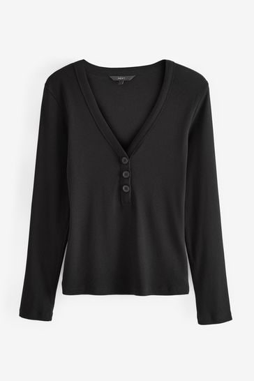 Black Long Sleeve Ribbed Henley Button Top