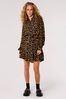 Apricot Black Leopard Ruffle Hem Shirt Dress