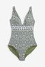Navy Blue/Khaki Green Woodblock Plunge Tummy Control Swimsuits 2 Pack