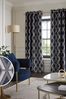 Navy Blue Geometric Cut Velvet Collection Luxe Eyelet Lined Curtains