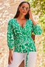 Sosandar Green 3/4 Sleeve Blouson Wrap Sleeve Top