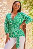 Sosandar Green 3/4 Sleeve Blouson Wrap Sleeve Top