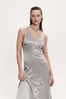 Mango Silver Satin Finish logo-embroidered Dress with Asymmetrical Hem