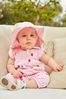 JoJo Maman Bébé Pink Strawberry Embroidered Gingham Baby Sunsuit
