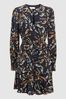 Reiss Black Hayley Printed Long Sleeve Midi Dress