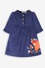 JoJo Maman Bébé Navy Blue Highland Cow Girls' Appliqué Button Front Dress