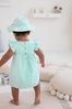 JoJo Maman Bébé Green 3-Piece Gingham Bunny Embroidered Dress With Knickers & Floppy Mesh Hat Set