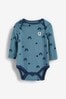 Blue Mini Print Long Sleeve Baby Bodysuits 3 Pack (0mths-3yrs)