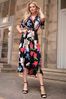 AX Paris Multi Floral Printed Short Sleeve Belted Wrap Black Midi Dress