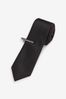 Black/Gunmetal Slim Textured Tie With Tie Clip