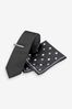 Black Polka Dot Slim Tie, Pocket Square And Tie Clip Set