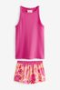 Fuchsia Pink Floral Cotton Blend Ribbed Vest Short Pyjamas Set