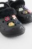 Black Badge Faux Fur Lined Clogs With Ankle Strap