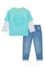 F&F Green Dino Embossed T-Shirt And Jeans Set