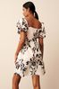 Black/White Floral Print Puff Sleeve  Mini Smock Dress
