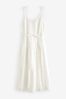 White 100% Cotton Broderie Tie Waist V-Neck Midi copii Dress