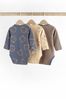 Navy Blue/Tan Brown Baby Long Sleeve Rib Bodysuits 3 Pack