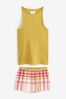Yellow/Pink Check Cotton Blend Ribbed Vest Short Pyjamas Set