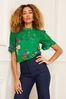Love & Roses Green Floral Lace Mix Yoke High Neck Ruffle Sleeve Top
